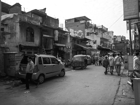 Busy street market in a backpacker neighborhood, selling textiles, Indian crafts & street food Shoot on Infrared Black and White Colour