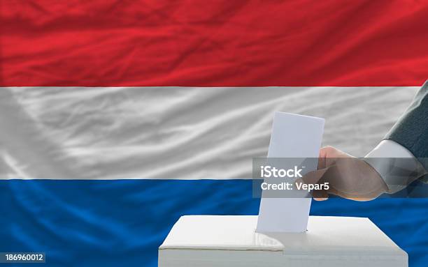 Człowiek Głosowania W Wyborach W Przód Flagi Holandii - zdjęcia stockowe i więcej obrazów Głosowanie