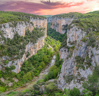 Deep canyon carved by the Salazar River in the limestone rock of the Sierra de Leyre, La Foz de Arbayún, Navarra, Spain