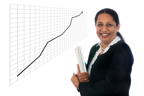 Happy and confident Business Woman with a Financial growth curve. Isolated on white background.