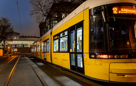 Germany, Berlin, December 15, 2023 - Rear view of Berlin Tram at night, Berlin central