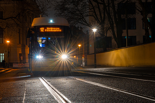 Germany, Berlin, December 15, 2023 - Front view of Berlin Tram at night, Berlin central