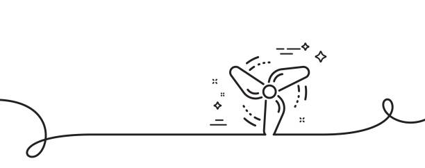 Wind energy line icon. Fan engine, jet turbine sign. Continuous line with curl. Vector Wind energy line icon. Continuous one line with curl. Fan engine, jet turbine sign. Ventilator symbol. Wind energy single outline ribbon. Loop curve pattern. Vector ventilator background stock illustrations