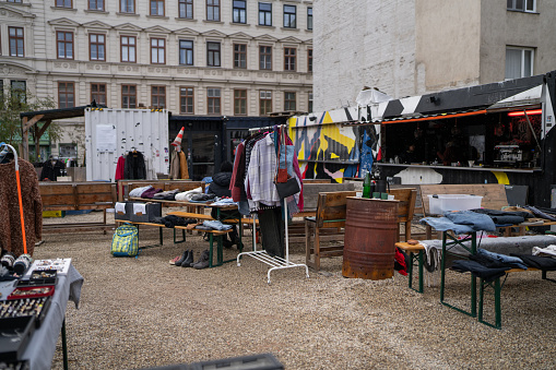 Variety of items on flea market without people