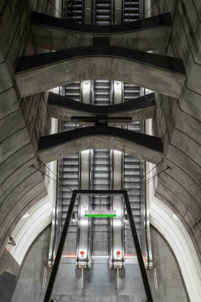 High angle view of empty escalators in subway station
