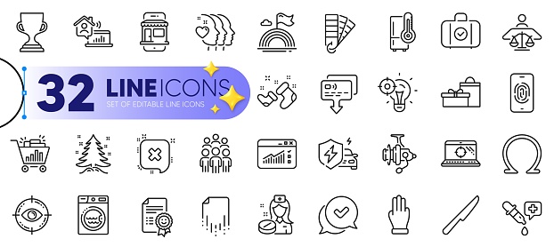 Outline set of Palette, Refrigerator and Friends couple line icons for web with Web traffic, Smile, Gifts thin icon. Three fingers, Seo laptop, Marketplace pictogram icon. Nurse. Vector