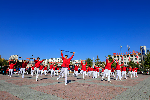 LUANNAN COUNTY, China - October 17, 2018: the Double Ninth Festival series of fitness activities are displayed in the park, LUANNAN COUNTY, Hebei Province, China