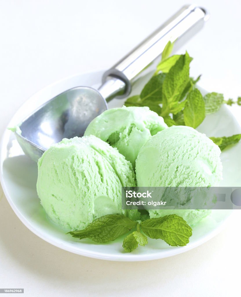 balls mint ice cream with fresh green herb Bowl Stock Photo