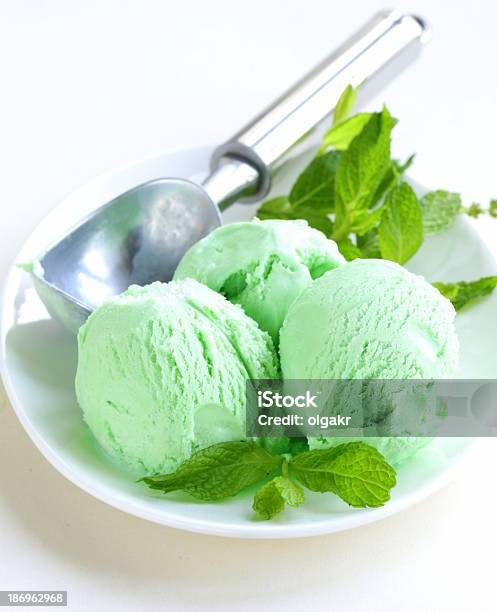 Balls Mint Ice Cream With Fresh Green Herb Stock Photo - Download Image Now - Bowl, Cold Temperature, Dairy Product