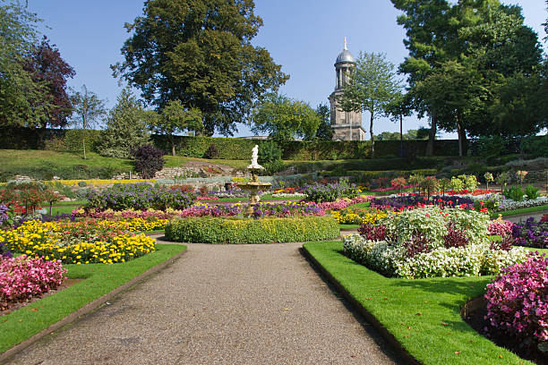 Public park of Sherborne, located next to the train station, on a sunny summer day