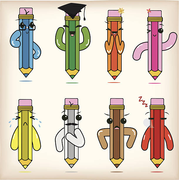 Cartoon pencils Set of cartoon pencil with different facial emotions, both use of gradients as will as transparency, large jpg and EPS10 included black baby crying drawing stock illustrations