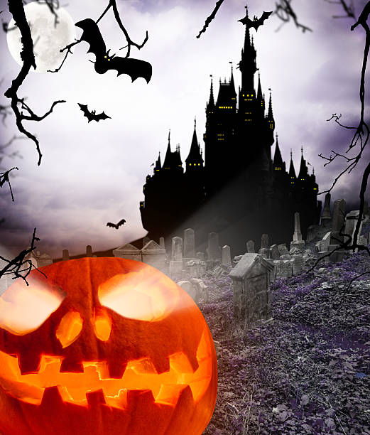 istock Spooky halloween pumpkin on cemetery 186964106