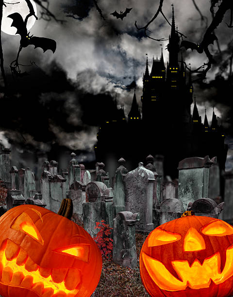 istock Spooky halloween pumpkin on cemetery 186964112