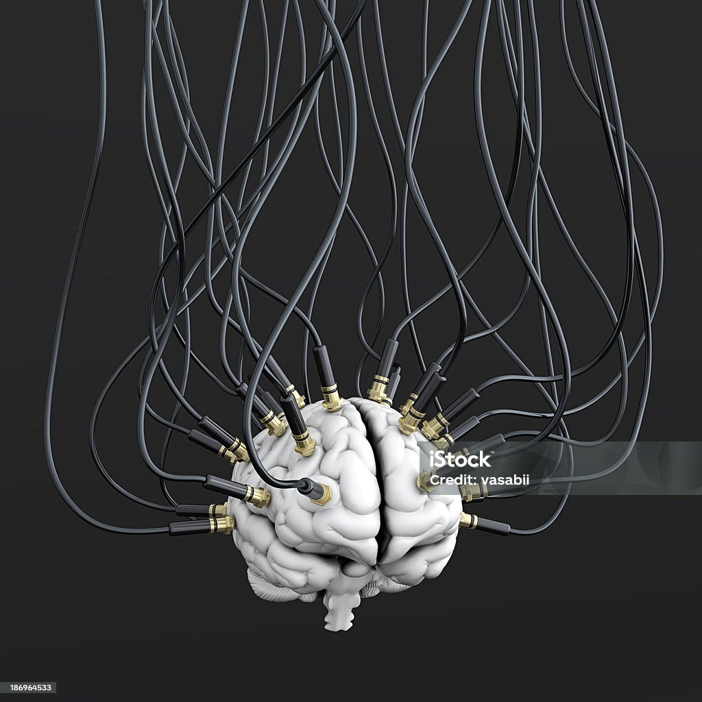 Mind control 3D illustration of cables connected to brain. Mind control concept Human Brain Stock Photo