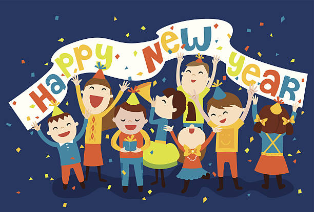 Happy New Year Image of a group of happy children having a new year celebration with a banner flying and some confetti. Fonts is made manually vector made, not taken from any existing ones. block party stock illustrations