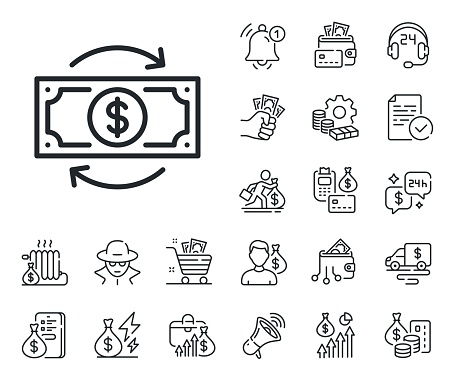 Currency exchange sign. Cash money, loan and mortgage outline icons. Money change line icon. Financial reinvestment symbol. Money change line sign. Credit card, crypto wallet icon. Vector