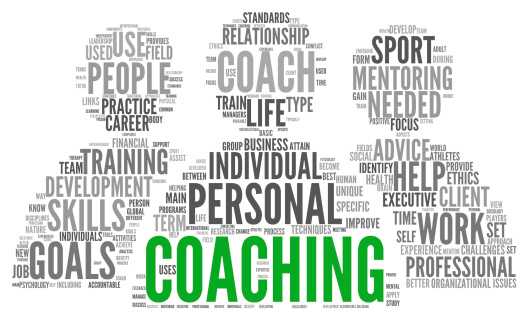 Coaching concept related words in tag cloud isolated on white