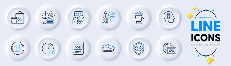 Ssd, Eye detect and Shopping line icons for web app. Pack of Timer, Bitcoin, Latte coffee pictogram icons. Night eat, Shoes, Web photo signs. Bitcoin project, Meditation eye, Cyber attack. Vector
