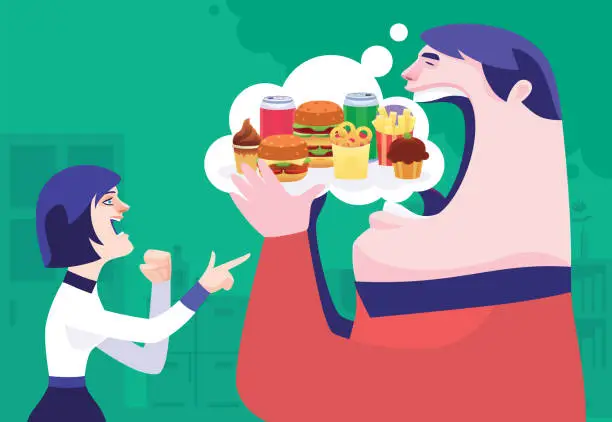 Vector illustration of woman blaming fat man who thinking and eating junk food