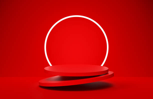 Levitating red colored round podiums or pedestals with circular neon light on the background.