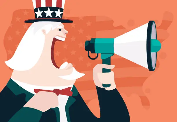 Vector illustration of Uncle Sam holding megaphone and screaming