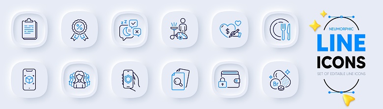 Dish, Social care and Lock line icons for web app. Pack of Women group, Inspect, Discount medal pictogram icons. Security app, Sleep, Augmented reality signs. Cleaning, Bromine mineral. Vector