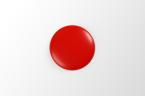 Red colored glossy round badge or button on white background for graphic design. Mockup template. 3D render.