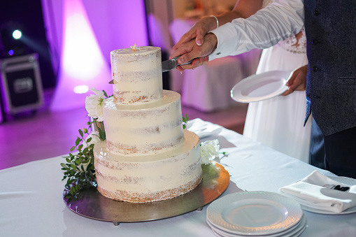 A wedding couple cutting the wedding cake on their wedding day