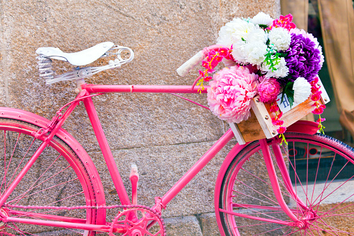 vintage bicycle decorated with wicker baskets hanging from the handlebars full of beautiful flowers, girona flower festival , temps de flors, catalonia, spain