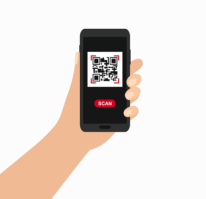 Hand Holding Smartphone With QR Code On Screen. QR Verification