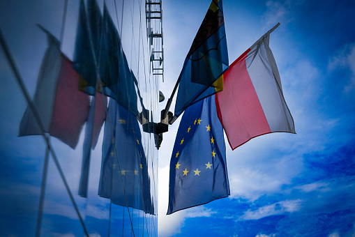 Polish and European Union flags. Poland as a member of European Union.