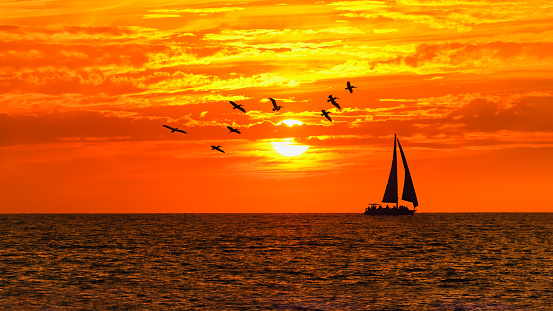 A Beautiful Ocean Sunset With A Wave Breaking On Shore And And A Sailboat Sailing On Horizon