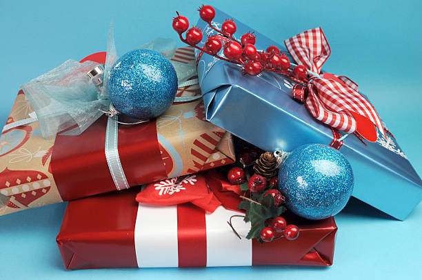 istock Modern Trend Red and Aqua Blue Christmas Presents 186971869
