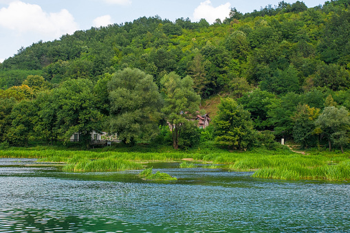 The River Una near Lohovo, Bihac, in the Una National Park. Una-Sana Canton, Federation of Bosnia and Herzegovina. Early September