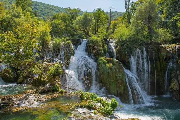 Milancev Buk waterfall at Martin Brod in Una-Sana Canton, Federation of Bosnia and Herzegovina. Located within the Una National Park, it is also known as Veliki Buk or Martinbrodski