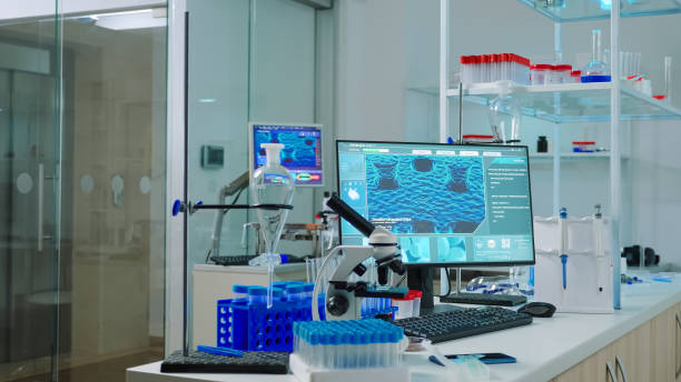 istock Interior of modern science laboratory with no people 1869741156