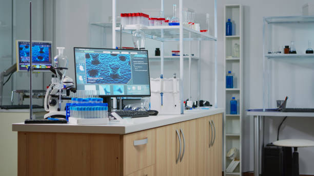 istock Interior of empty science laboratory with modern equipment 1869741171