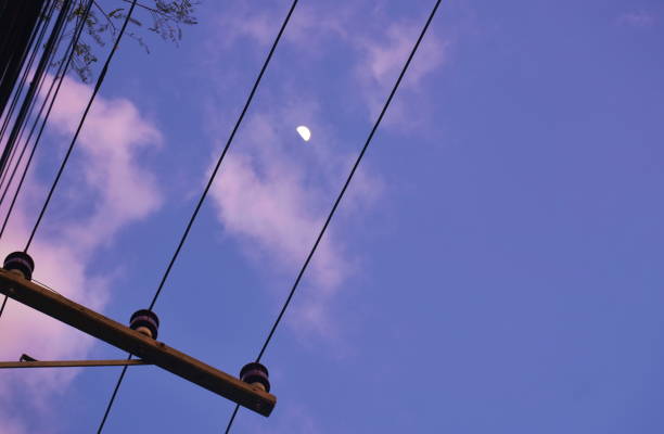 electric pole and cable line with half moon background in blue evening sky