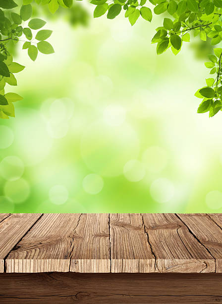 istock Fresh spring green bokeh background with wooden table 186975501