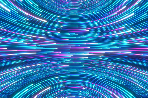 Floating laser beams. Abstract tech background in blue and purple neon colors. Concept of big data, internet, data science, data center, mining, artificial intelligence, machine learning. 3D rendering