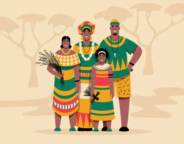 Vector illustration of An African family in folk costumes stands against the background of the savannah landscape. Happy black people. Cartoon, flat, vector illustration