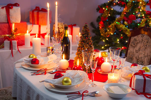 istock White and red decorations on the Christmas table 186976458