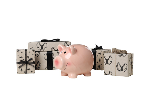 PNG, Gift boxes and piggy bank, isolated on white background