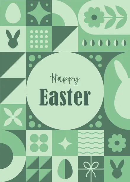 Vector illustration of Happy Easter greeting card. Neo geometric background. Vertical flyer, postcard, header for website. Pattern with green simple shapes, bunny and eggs. Vector illustration in bauhaus minimalist style