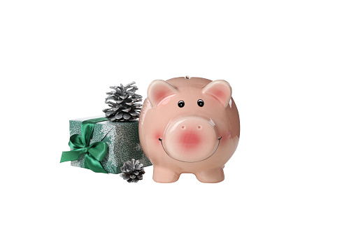 PNG, Piggy bank and gift box, isolated on white background