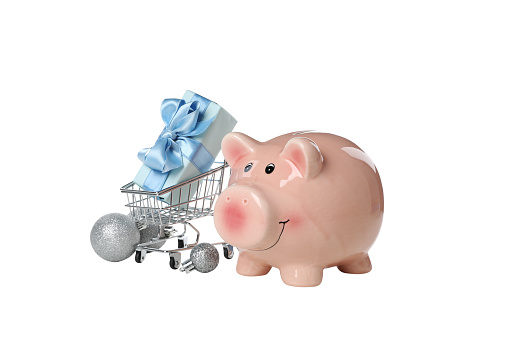 PNG, Piggy bank, gift box and shopping cart, isolated on white background