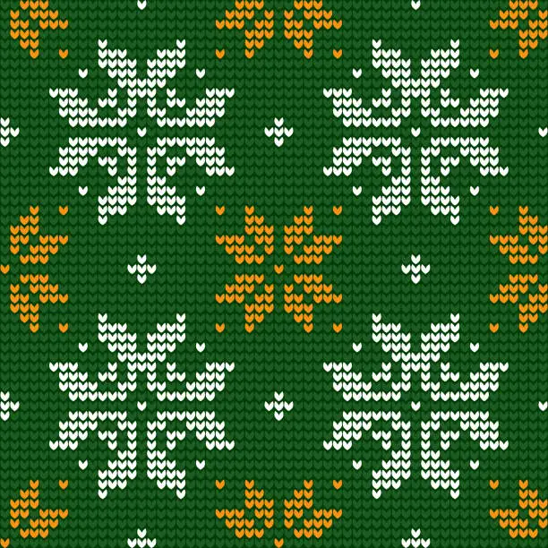 Vector illustration of Christmas knitted green and orange cozy ornamental pattern