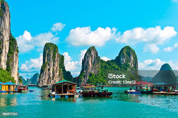 Floating Village Near Rock Islands In Halong Bay Stock Photo - Download Image Now - Vietnam, Hạ Long Bay, Landscape - Scenery