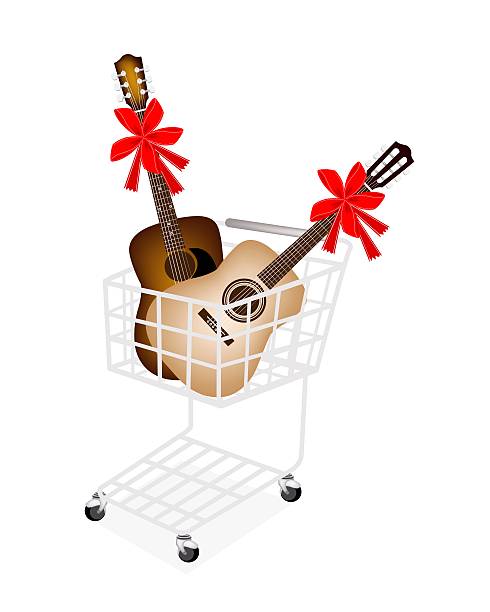 illustrazioni stock, clip art, cartoni animati e icone di tendenza di due chitarra con nastro rosso nel carrello acquisti - tabulature