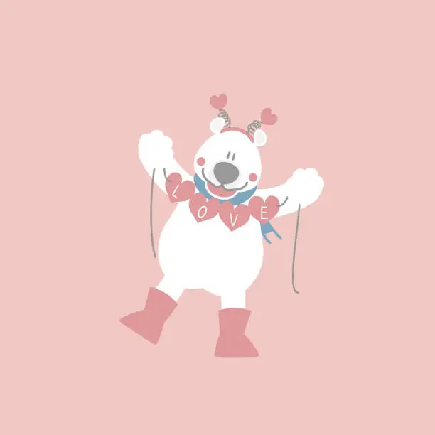 Vector illustration of cute and lovely white polar bear with heart, happy valentine's day, love concept